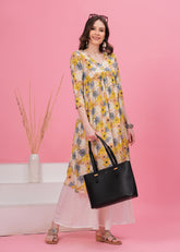 Elegant Off White and Yellow Printed Cotton Long Kurti with Flared Alia Cut - Perfect for a Stylish and Comfortable Ethnic Ensemble